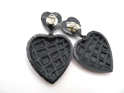 Vintage Raven Black Quilted Heart Clip On Earrings