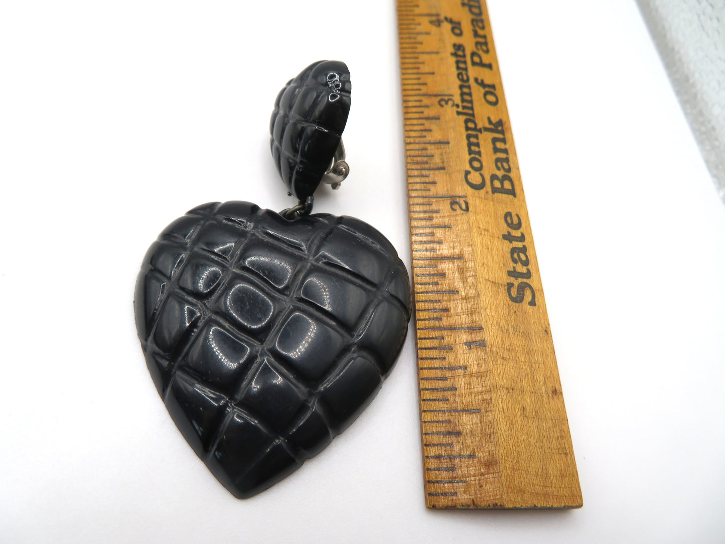 Vintage Raven Black Quilted Heart Clip On Earrings