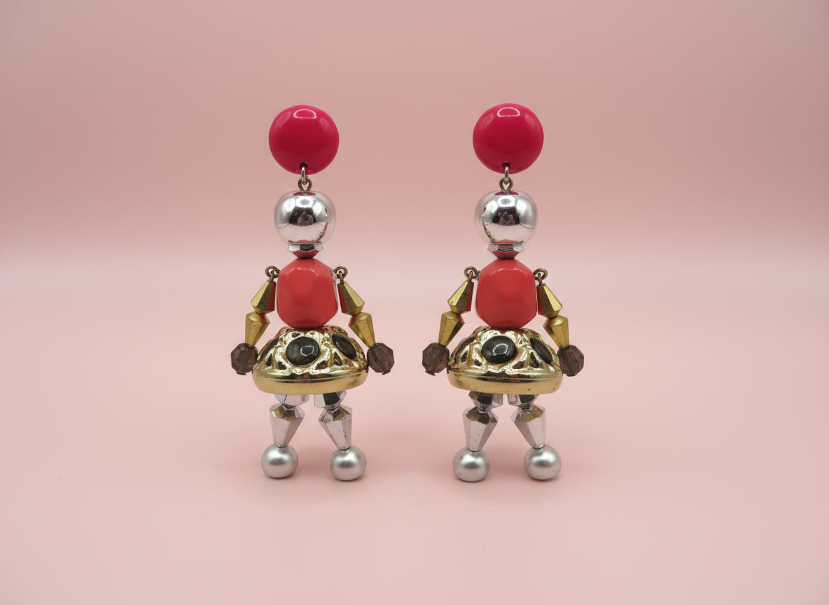 Vintage Rare Pink Articulated Chunky French Doll Earrings