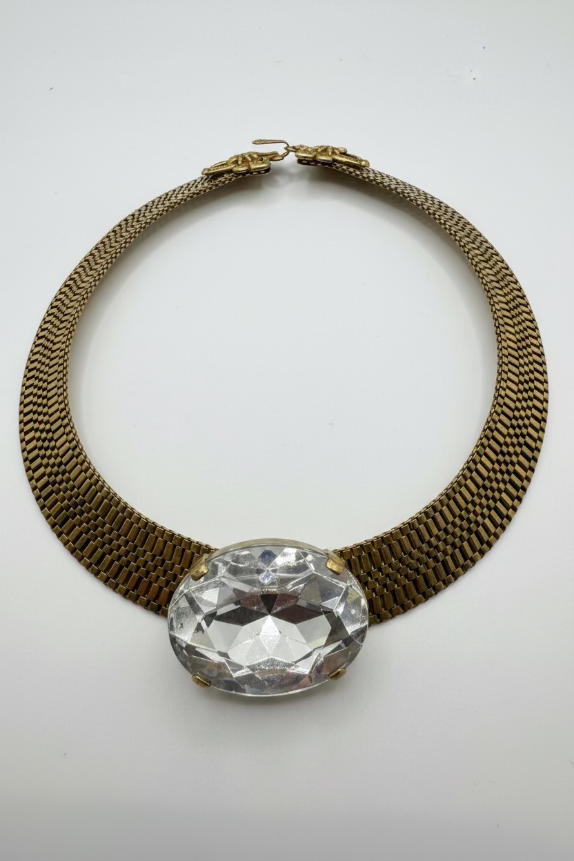 Vintage Bold Gold Collar Necklace with Colossal Crystal