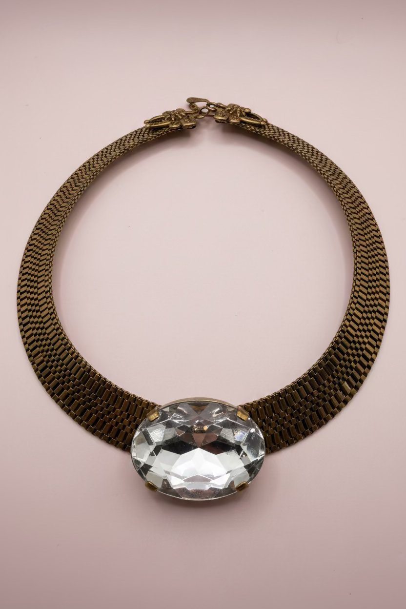 Vintage Bold Gold Collar Necklace with Colossal Crystal