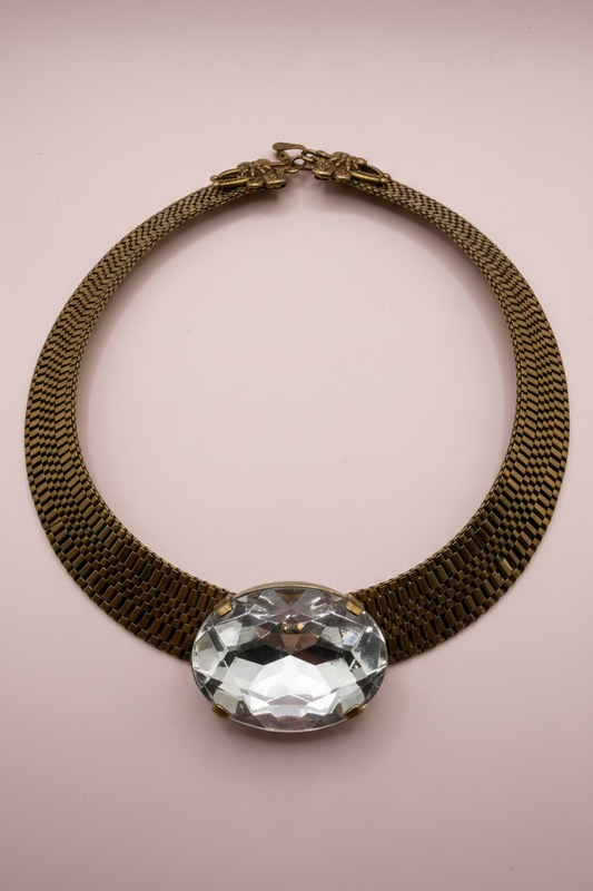 Vintage Bold Gold Collar Necklace with Colossal Crystal