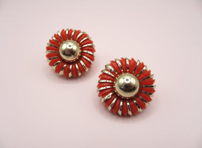 Vintage Metallic Flower Button Style West Germany Clip On Earrings