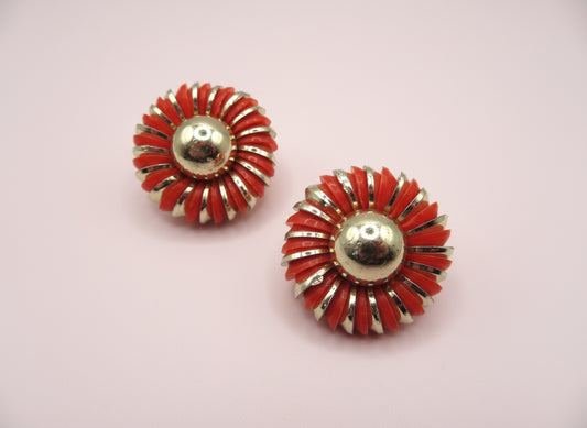 Vintage Metallic Flower Button Style West Germany Clip On Earrings