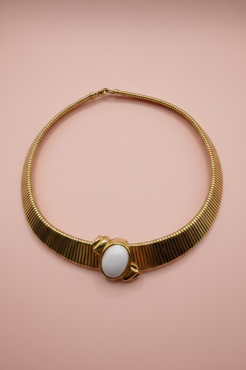 Vintage Monet Omega Tubogas Necklace with White Cabochon