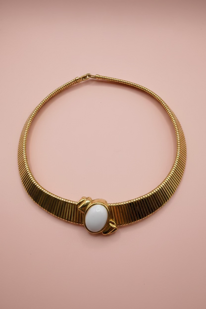 Vintage Monet Omega Tubogas Necklace with White Cabochon
