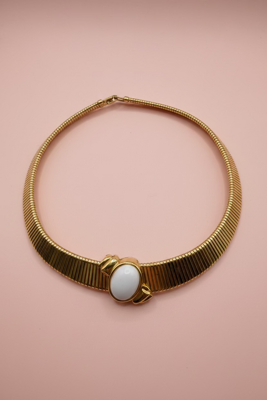 Vintage Monet Omega Tubogas Necklace with White Cabochon