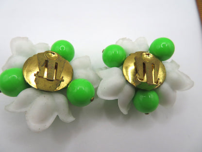 Vintage Neon Flower Beaded Button Style West Germany Clip On Earrings