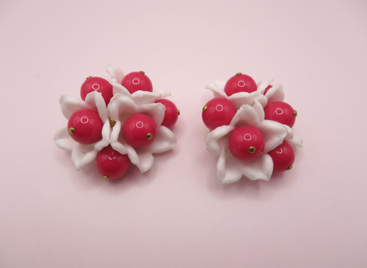 Vintage Hot Pink Flower Beaded Button Style West Germany Clip On Earrings