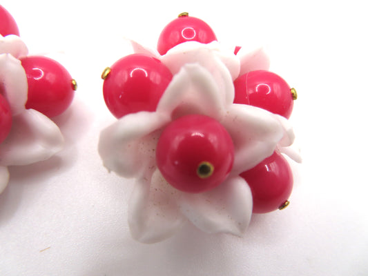 Vintage Hot Pink Flower Beaded Button Style West Germany Clip On Earrings