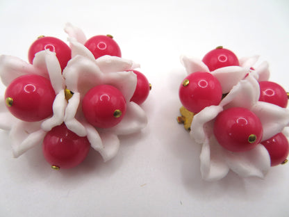 Vintage Hot Pink Flower Beaded Button Style West Germany Clip On Earrings