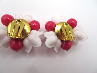 Vintage Hot Pink Flower Beaded Button Style West Germany Clip On Earrings