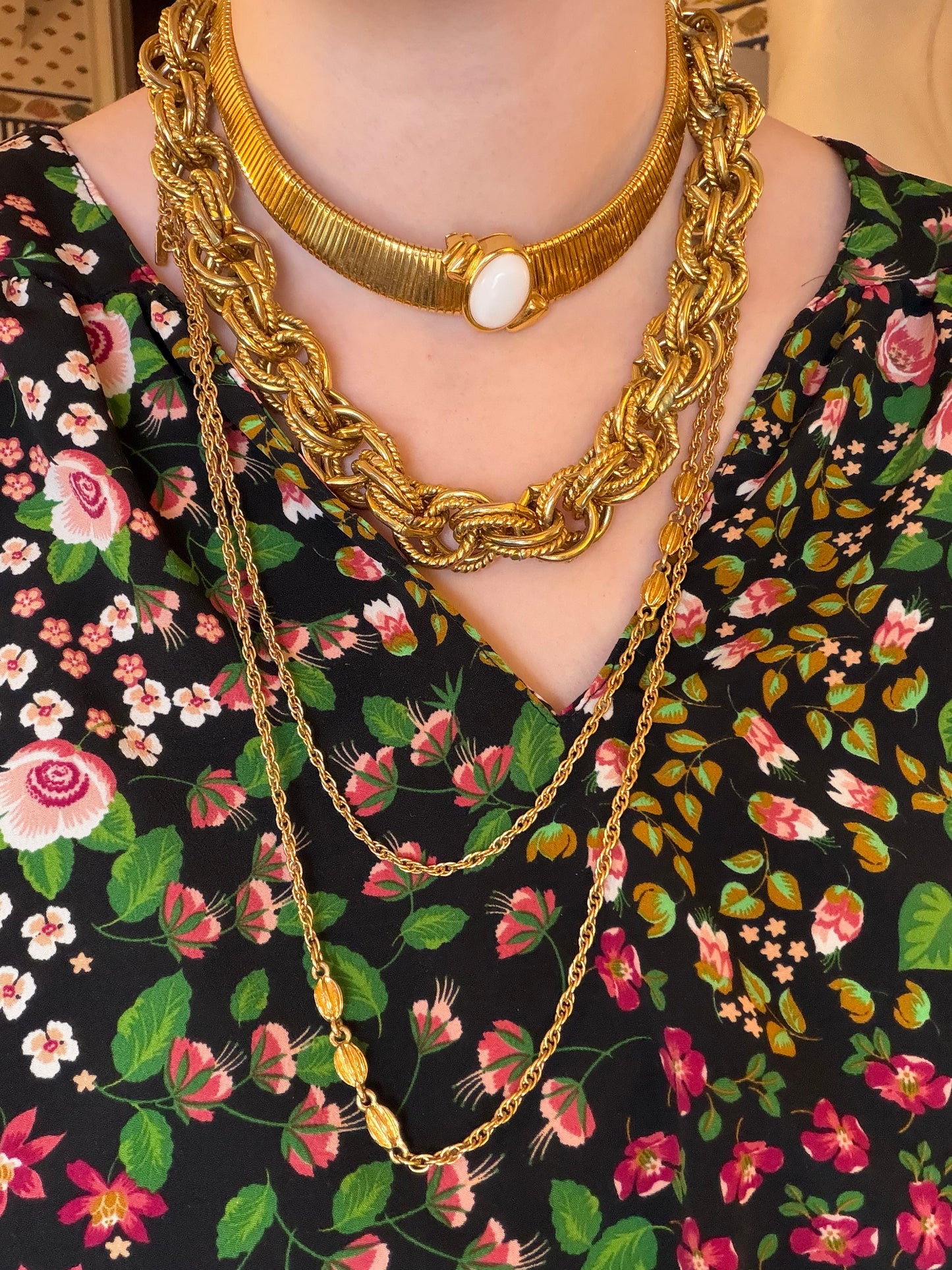 Vintage Monet Omega Tubogas Necklace with White Cabochon