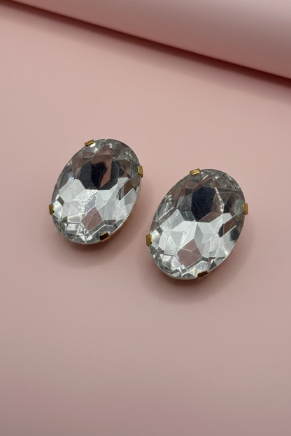 Vintage Colossal Crystal Oval Oversized Clip On Earrings