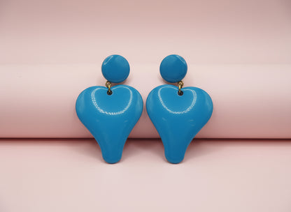 Vintage Bright Blue Heart Clip On Earrings