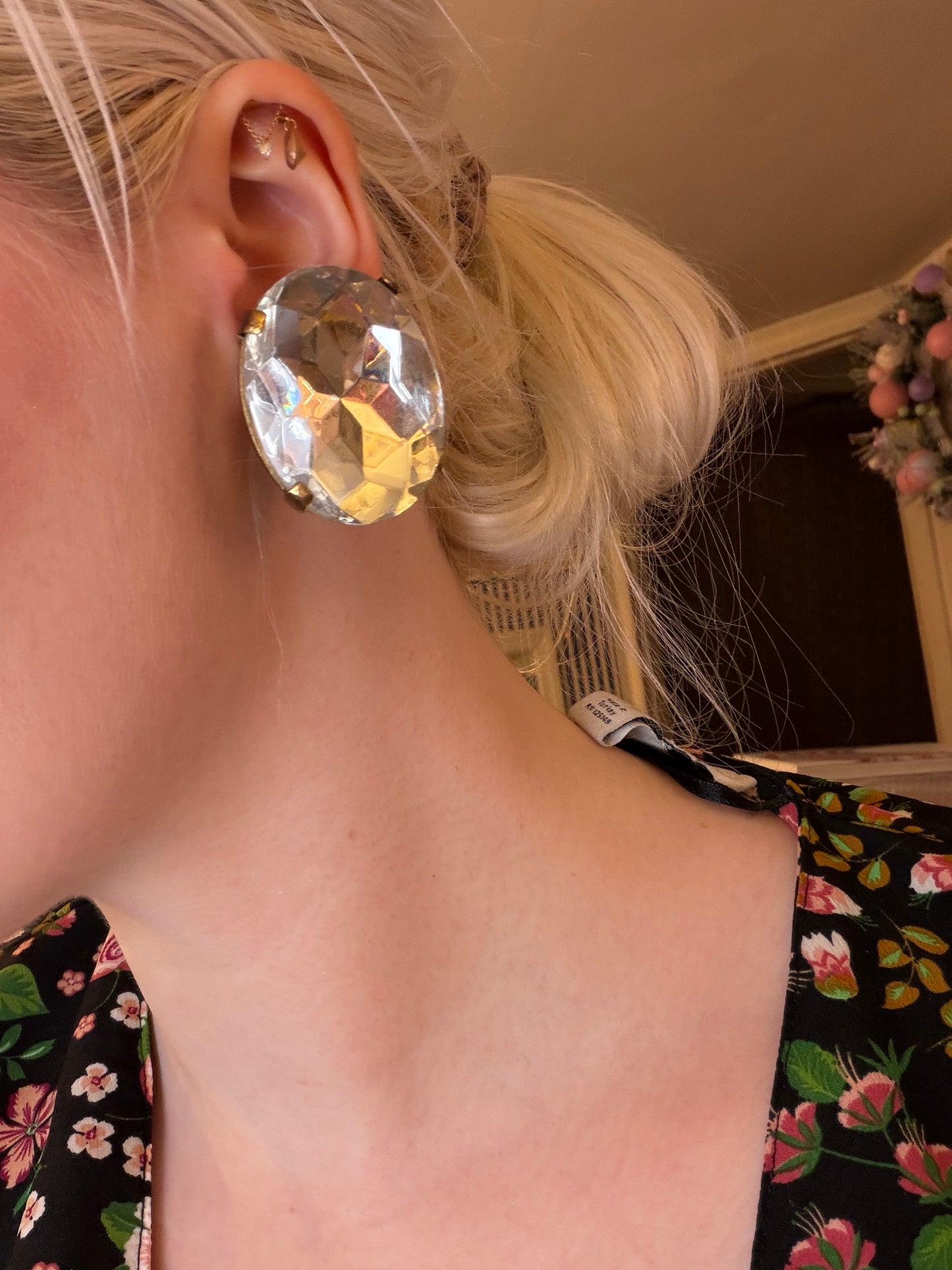 Vintage Colossal Crystal Oval Oversized Clip On Earrings