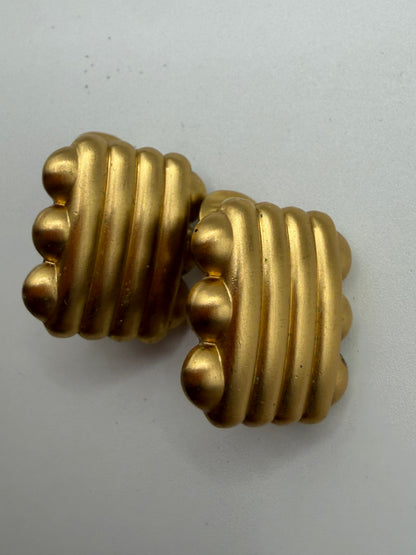 Vintage Monet Matte Gold Ribbed Square Clip On Earrings
