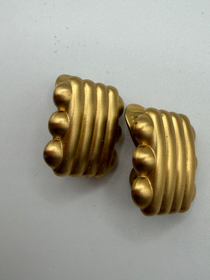 Vintage Monet Matte Gold Ribbed Square Clip On Earrings
