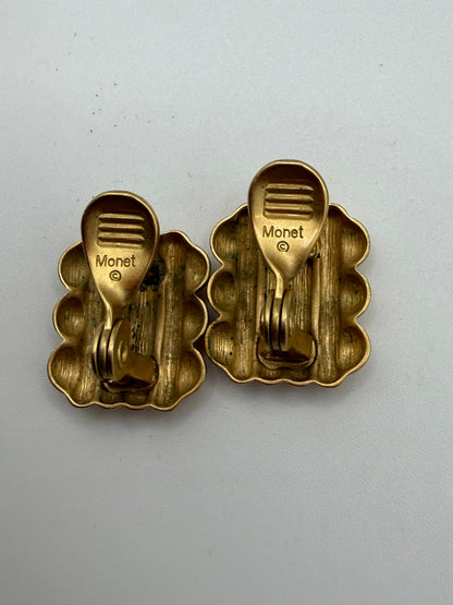 Vintage Monet Matte Gold Ribbed Square Clip On Earrings