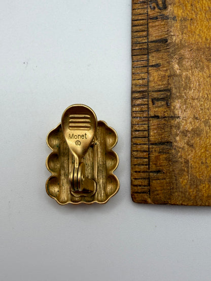 Vintage Monet Matte Gold Ribbed Square Clip On Earrings