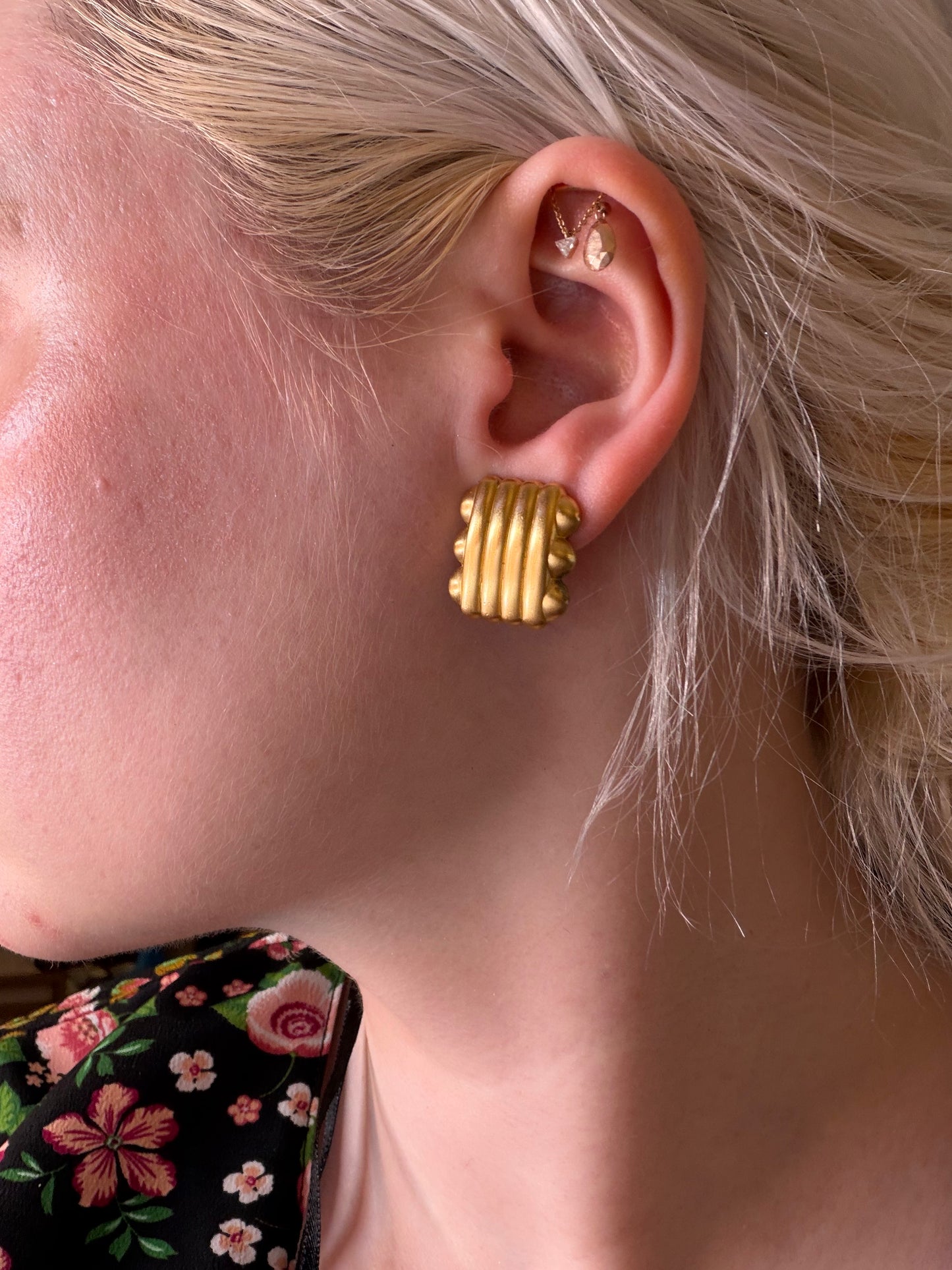 Vintage Monet Matte Gold Ribbed Square Clip On Earrings