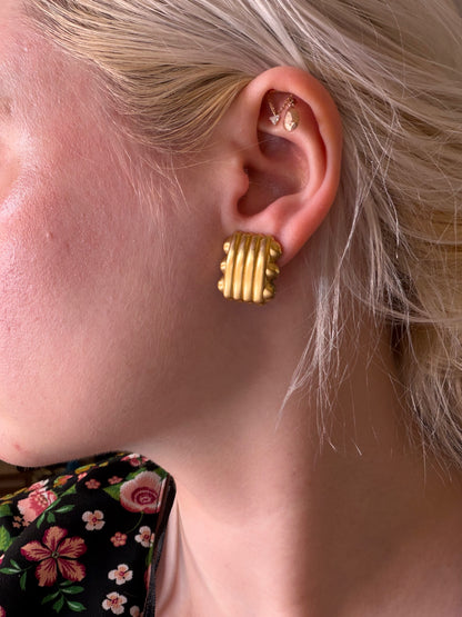 Vintage Monet Matte Gold Ribbed Square Clip On Earrings