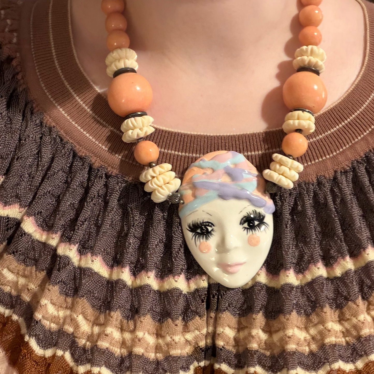 Vintage Chunky Darling Porcelain Pierrot Necklace