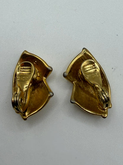 Vintage Monet Gold Ribbon-Fold Shell Clip On Earrings