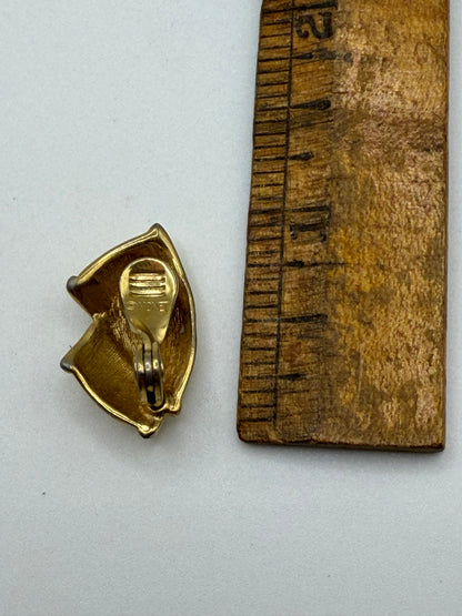 Vintage Monet Gold Ribbon-Fold Shell Clip On Earrings