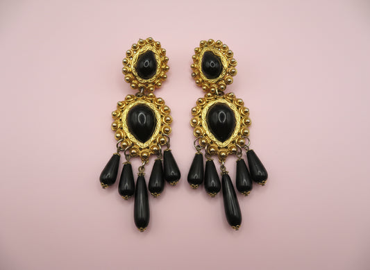 Vintage Black and Gold Huge Beaded Chandelier Drop Clip On Earrings