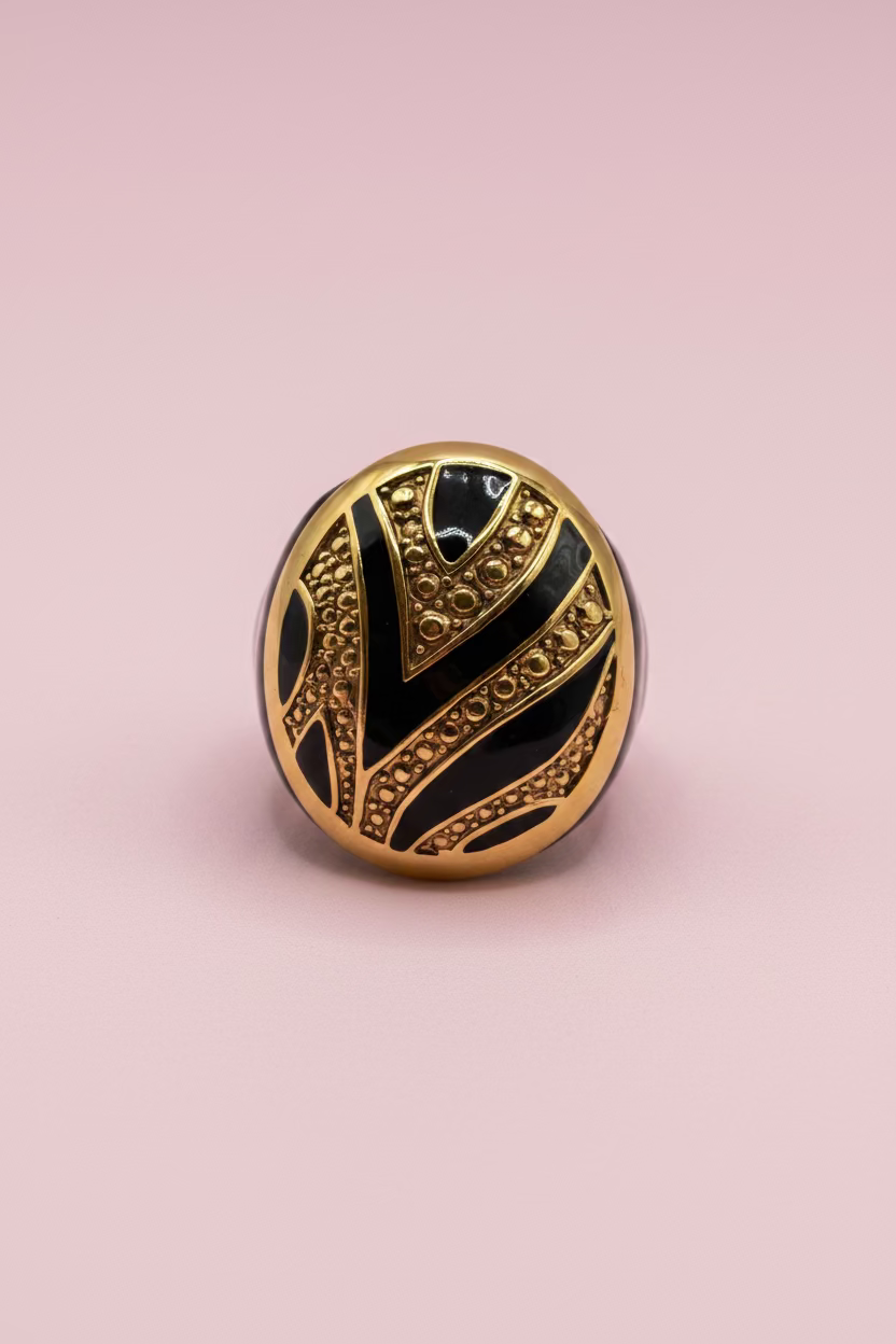 Vintage Chunky Oversized Gold and Black Enamel Dome Ring