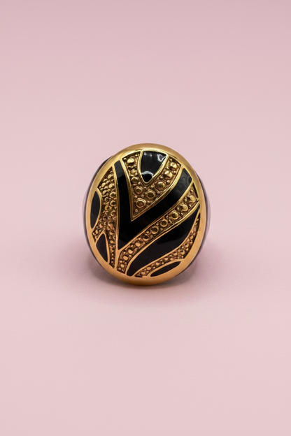 Vintage Chunky Oversized Gold and Black Enamel Dome Ring