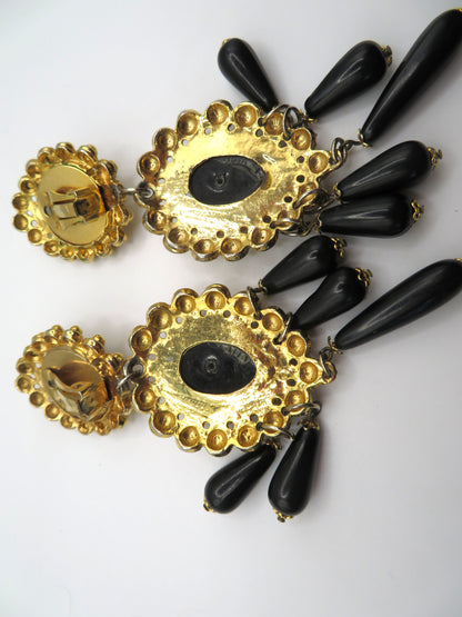 Vintage Black and Gold Huge Beaded Chandelier Drop Clip On Earrings