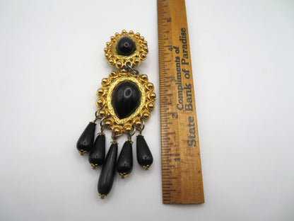 Vintage Black and Gold Huge Beaded Chandelier Drop Clip On Earrings
