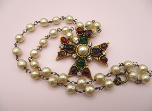 Vintage Chanel 1985 Gripoix Pearl Maltese Cross Statement Necklace