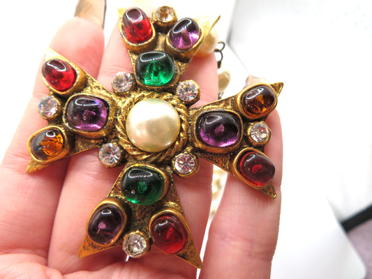 Vintage Chanel 1985 Gripoix Pearl Maltese Cross Statement Necklace
