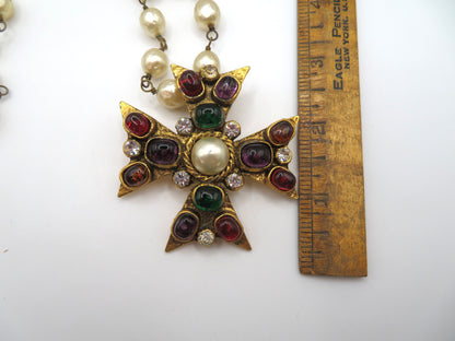 Vintage Chanel 1985 Gripoix Pearl Maltese Cross Statement Necklace