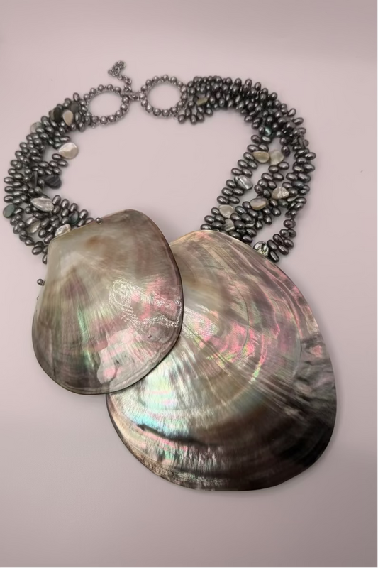 Vintage Siman Tu Double Abalone Shell Pearl Statement Necklace