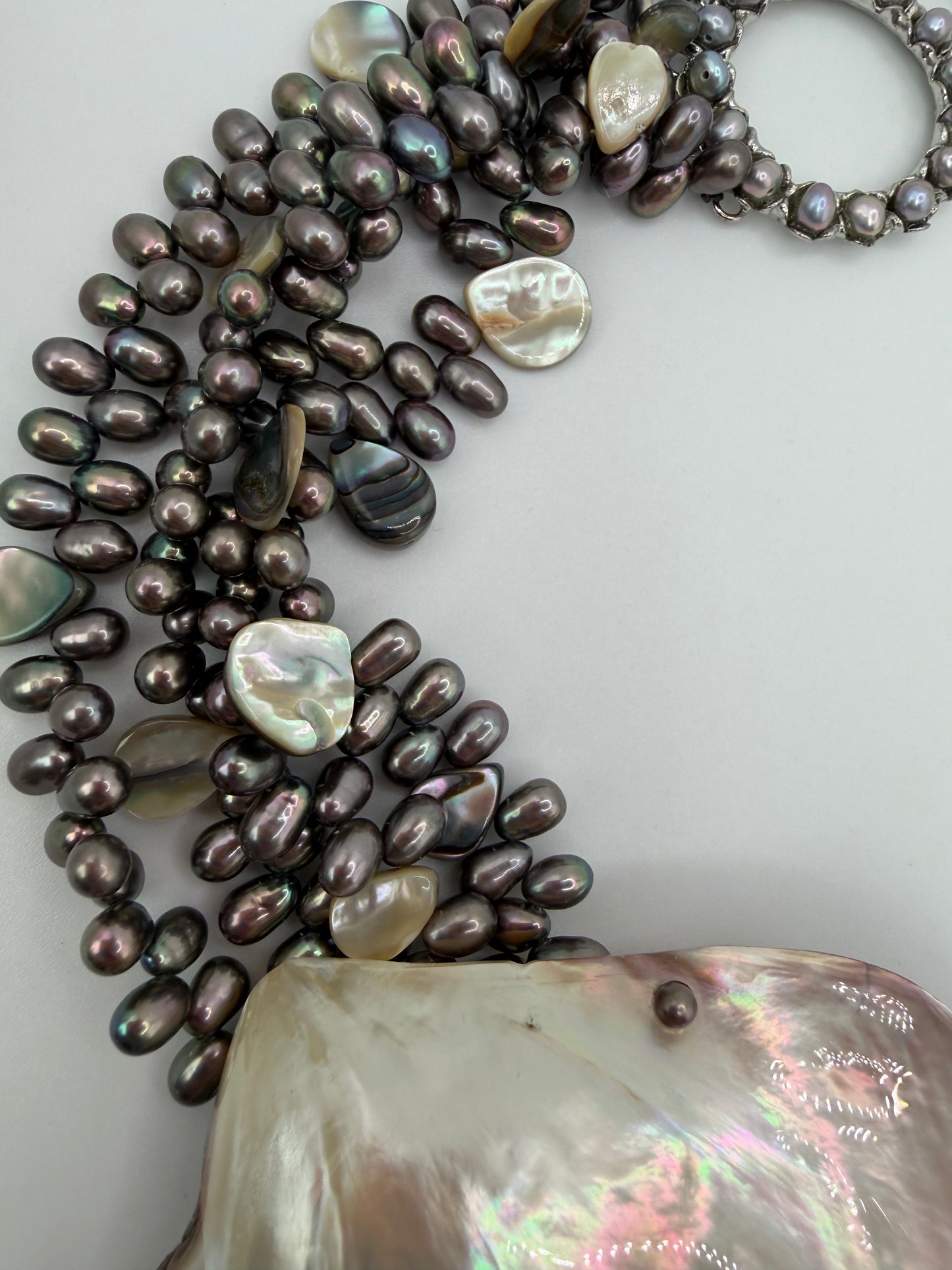 Vintage Siman Tu Double Abalone Shell Pearl Statement Necklace