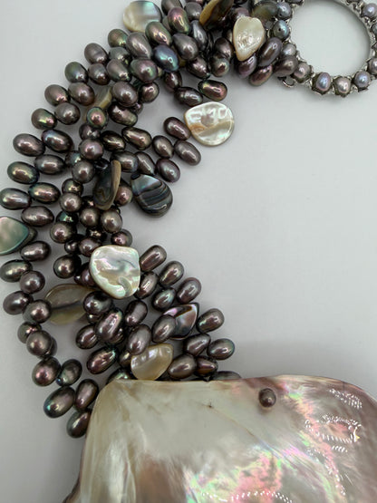 Vintage Siman Tu Double Abalone Shell Pearl Statement Necklace