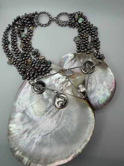 Vintage Siman Tu Double Abalone Shell Pearl Statement Necklace
