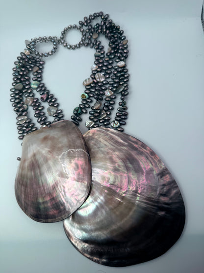 Vintage Siman Tu Double Abalone Shell Pearl Statement Necklace
