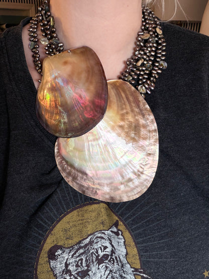 Vintage Siman Tu Double Abalone Shell Pearl Statement Necklace