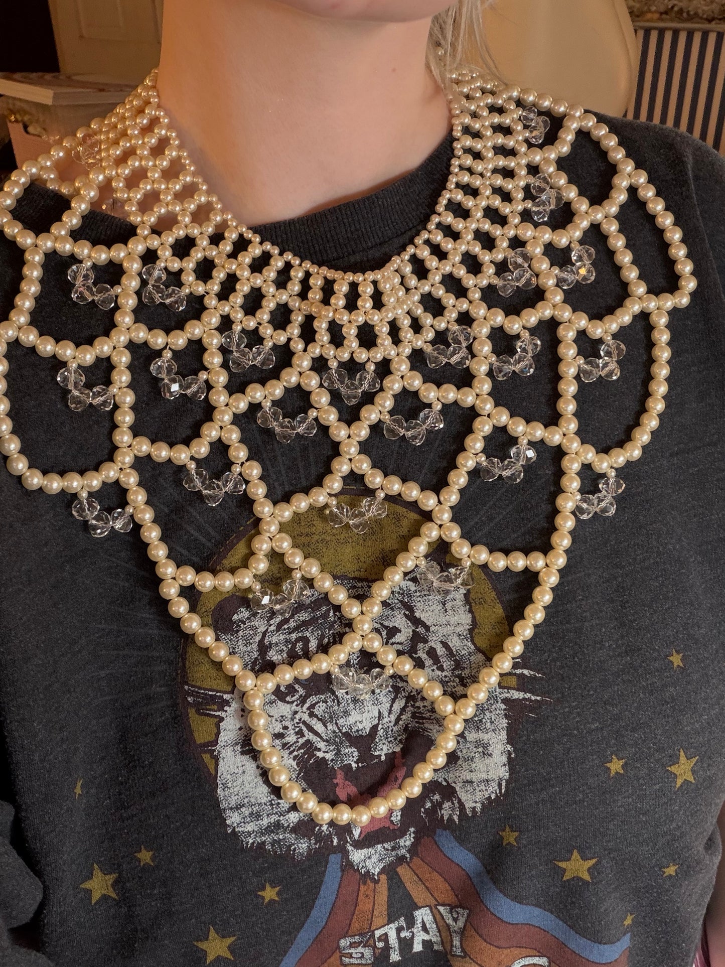 Vintage Oversized Pearl Crystal Lattice Collar Necklace