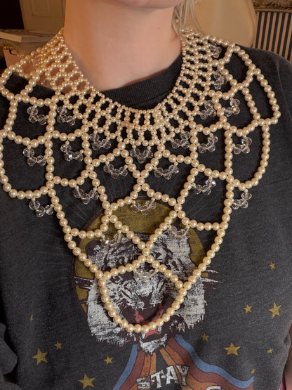 Vintage Oversized Pearl Crystal Lattice Collar Necklace