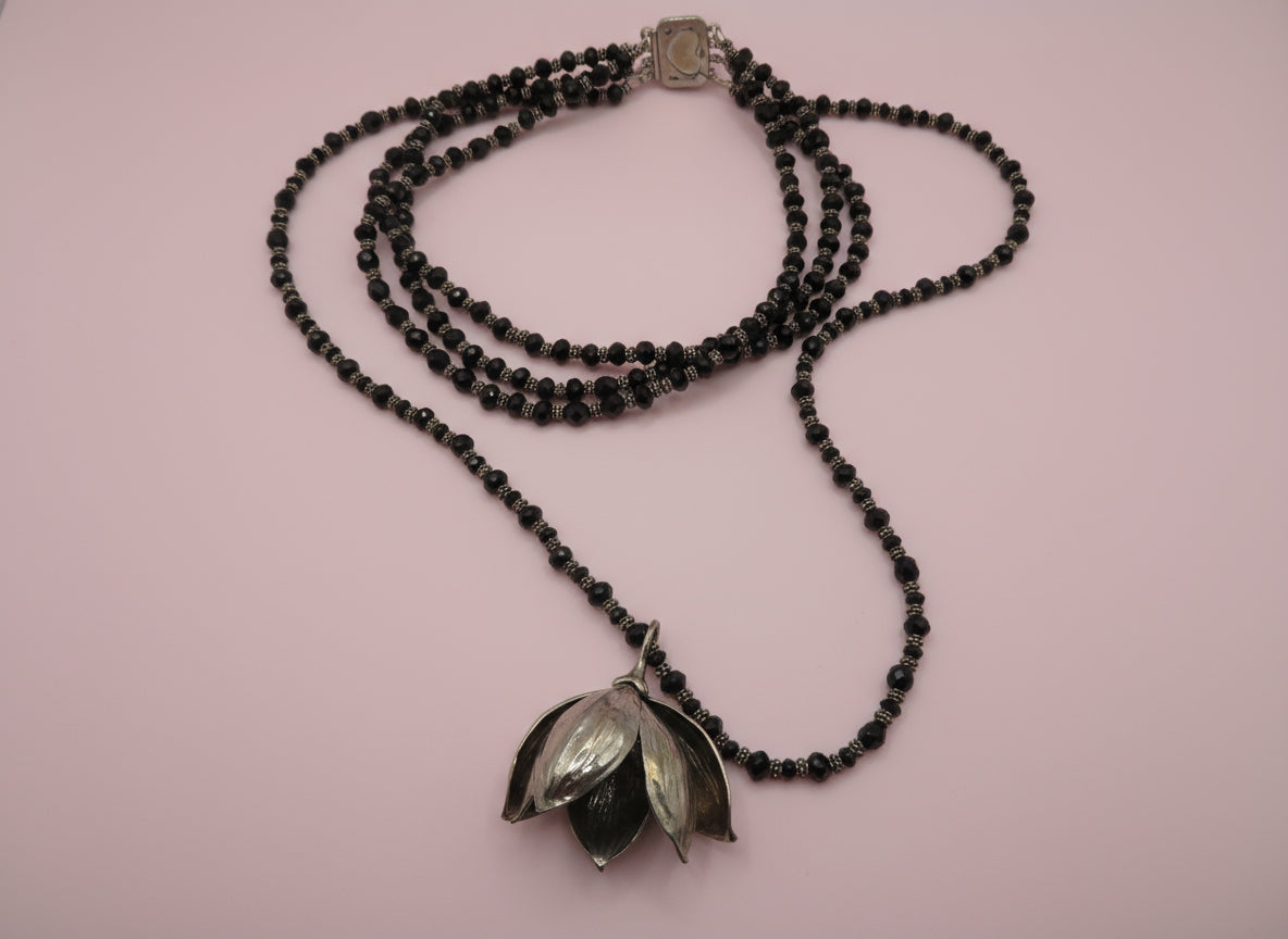 Vintage Sterling Silver Gothic Black Beaded Flower Choker Necklace