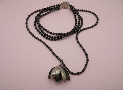 Vintage Sterling Silver Gothic Black Beaded Flower Choker Necklace