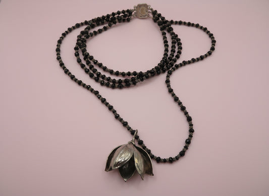 Vintage Sterling Silver Gothic Black Beaded Flower Choker Necklace