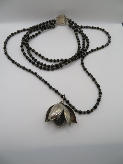 Vintage Sterling Silver Gothic Black Beaded Flower Choker Necklace