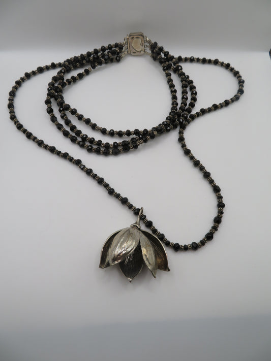 Vintage Sterling Silver Gothic Black Beaded Flower Choker Necklace